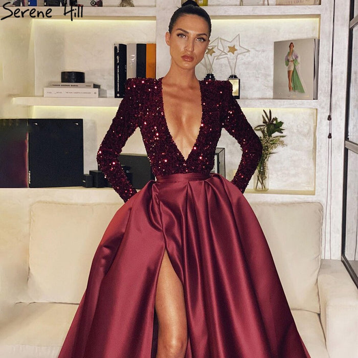 Serene Hill Wine Red High Split Evening Dresses Gowns 2025 Luxury Sparkle Mikaduo For Woman Party LA71062 - SERENE HILL