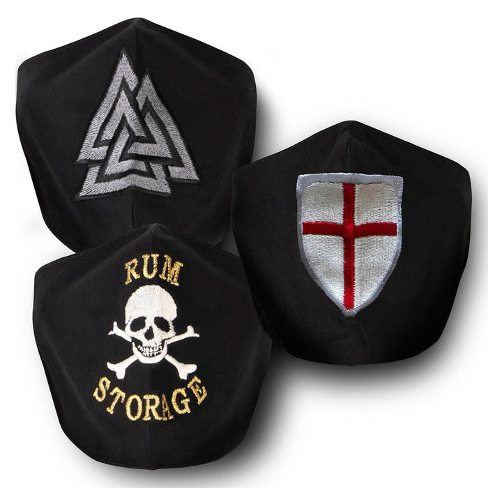 3 Black Cotton Face Masks Viking, Crusader and Pirate, with silk embroidery, adjustable straps and pocket for disposable filter,