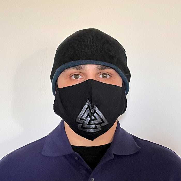 Black Cotton Face Mask with silk embroidered Viking Valknut, adjustable straps and pocket for disposable filter
