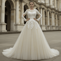 Sheer Ballgown Champagne Wedding Dresses & Gowns with 3/4 Sleeves - Rosymae