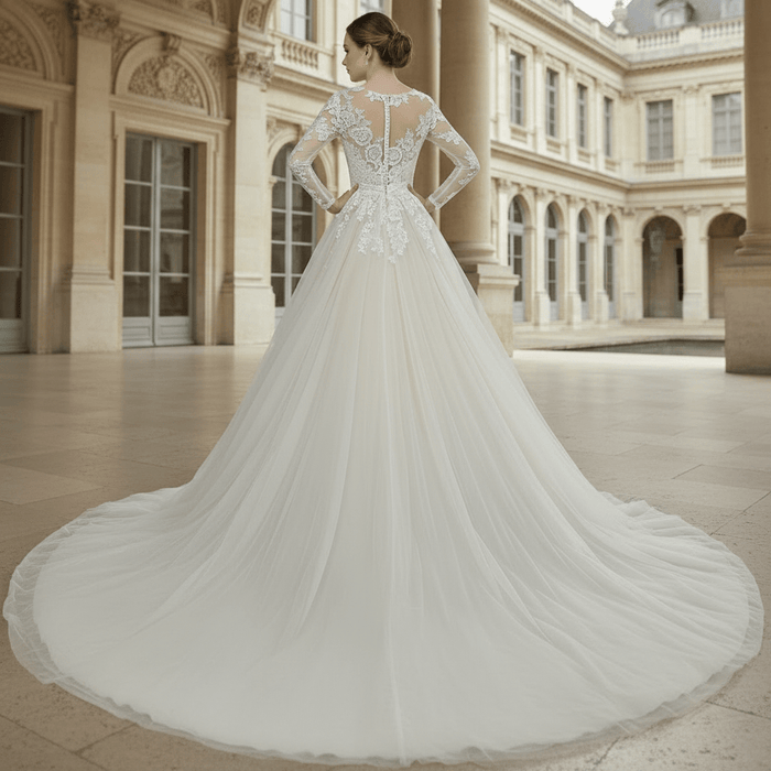 Sheer Ballgown Champagne Wedding Dresses & Gowns with 3/4 Sleeves - Rosymae