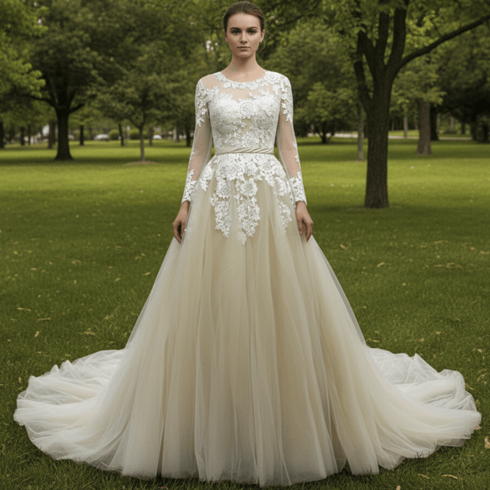 Sheer Ballgown Champagne Wedding Dresses & Gowns with 3/4 Sleeves - Rosymae
