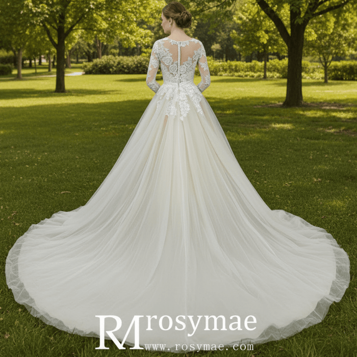 Sheer Ballgown Champagne Wedding Dresses & Gowns with 3/4 Sleeves - Rosymae