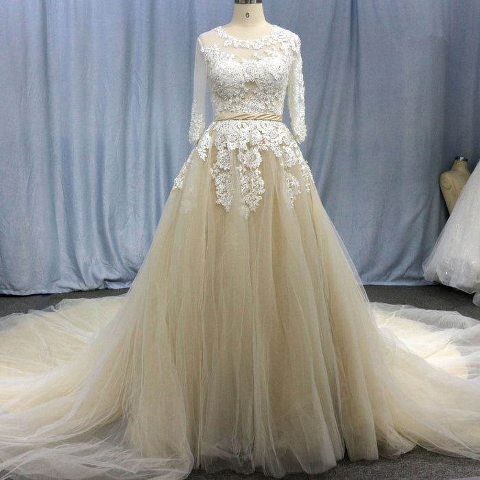 Sheer Ballgown Champagne Wedding Dresses & Gowns with 3/4 Sleeves - Rosymae