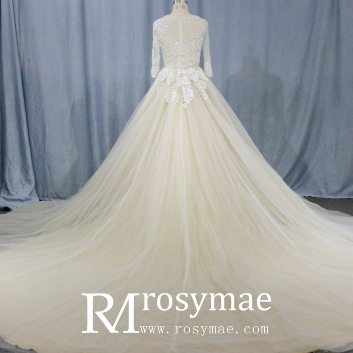 Sheer Ballgown Champagne Wedding Dresses & Gowns with 3/4 Sleeves - Rosymae
