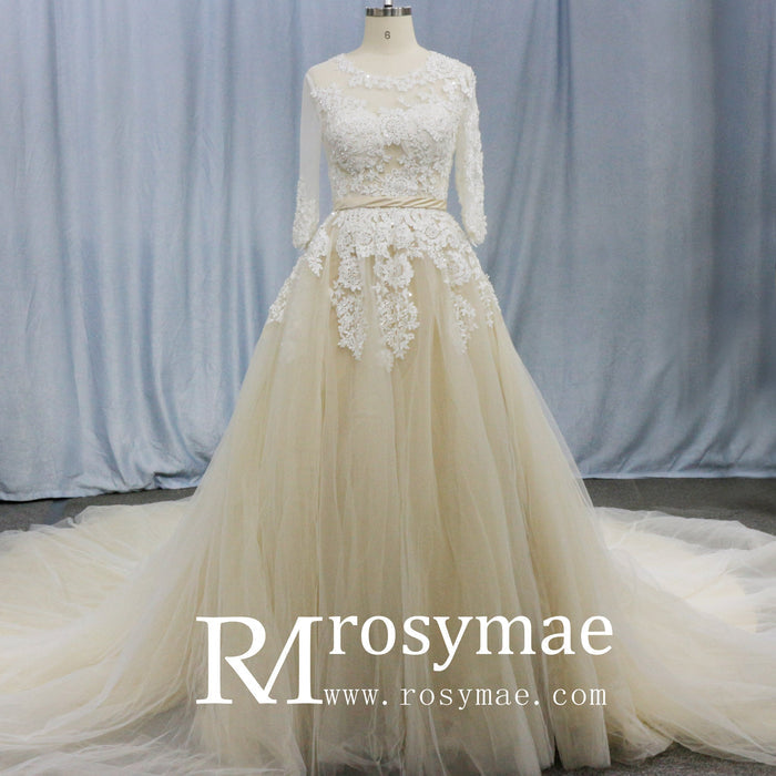 Sheer Ballgown Champagne Wedding Dresses & Gowns with 3/4 Sleeves - Rosymae
