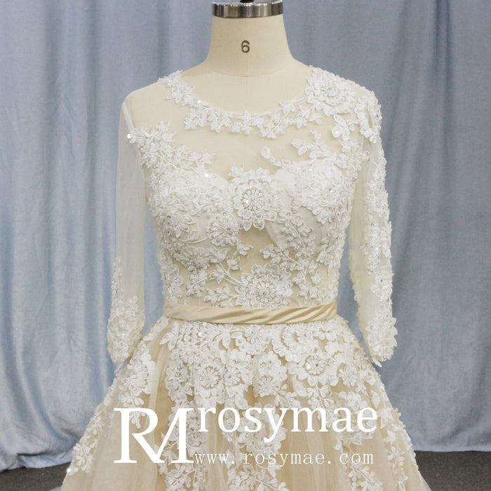 Sheer Ballgown Champagne Wedding Dresses & Gowns with 3/4 Sleeves - Rosymae