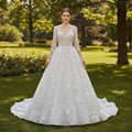 Sheer Neck with Long Sleeve A-line Simple Lace Wedding Dress - Rosymae