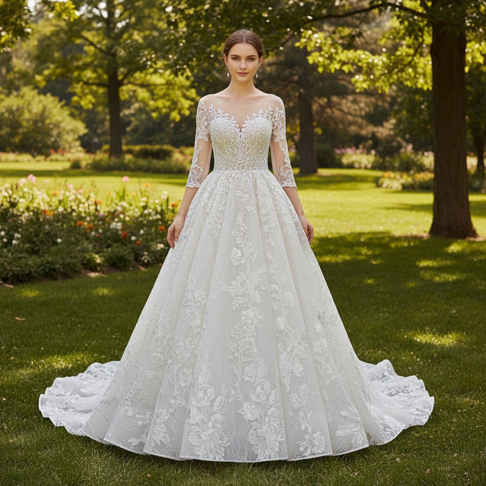 Sheer Neck with Long Sleeve A-line Simple Lace Wedding Dress - Rosymae