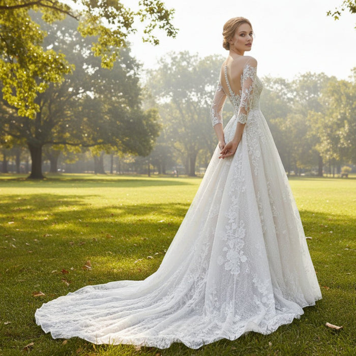 Sheer Neck with Long Sleeve A-line Simple Lace Wedding Dress - Rosymae