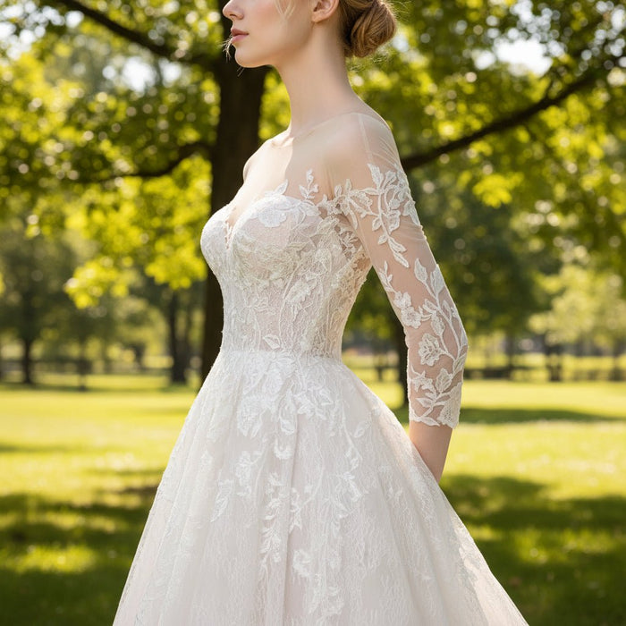 Sheer Neck with Long Sleeve A-line Simple Lace Wedding Dress - Rosymae