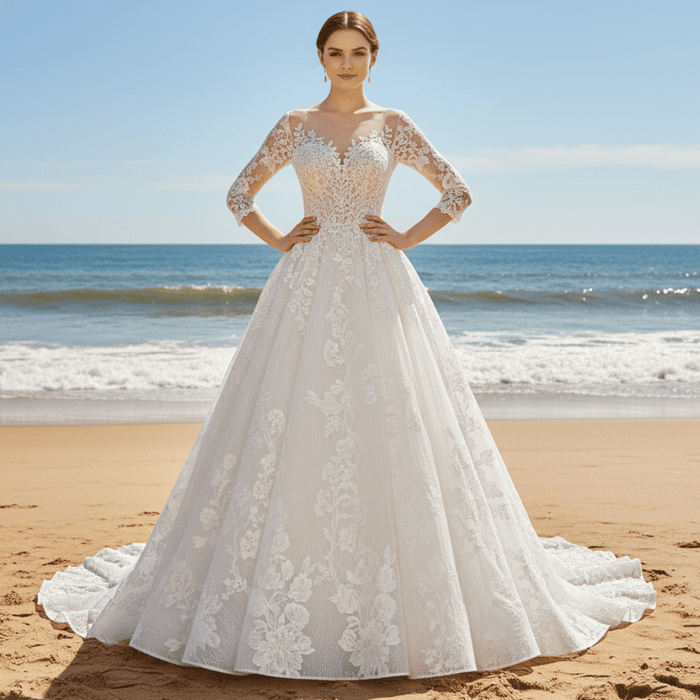 Sheer Neck with Long Sleeve A-line Simple Lace Wedding Dress - Rosymae