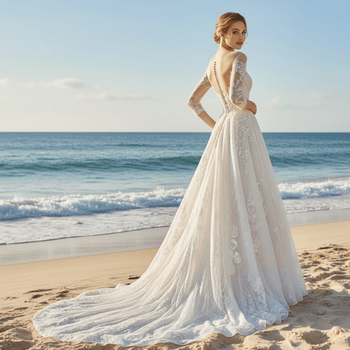 Sheer Neck with Long Sleeve A-line Simple Lace Wedding Dress - Rosymae