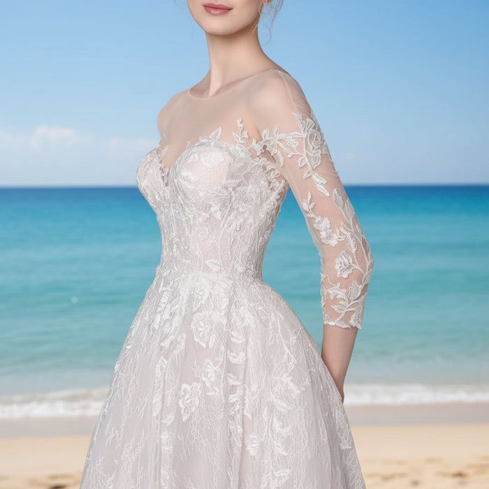 Sheer Neck with Long Sleeve A-line Simple Lace Wedding Dress - Rosymae
