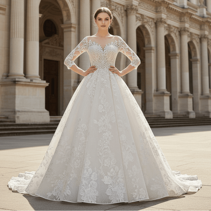 Sheer Neck with Long Sleeve A-line Simple Lace Wedding Dress - Rosymae