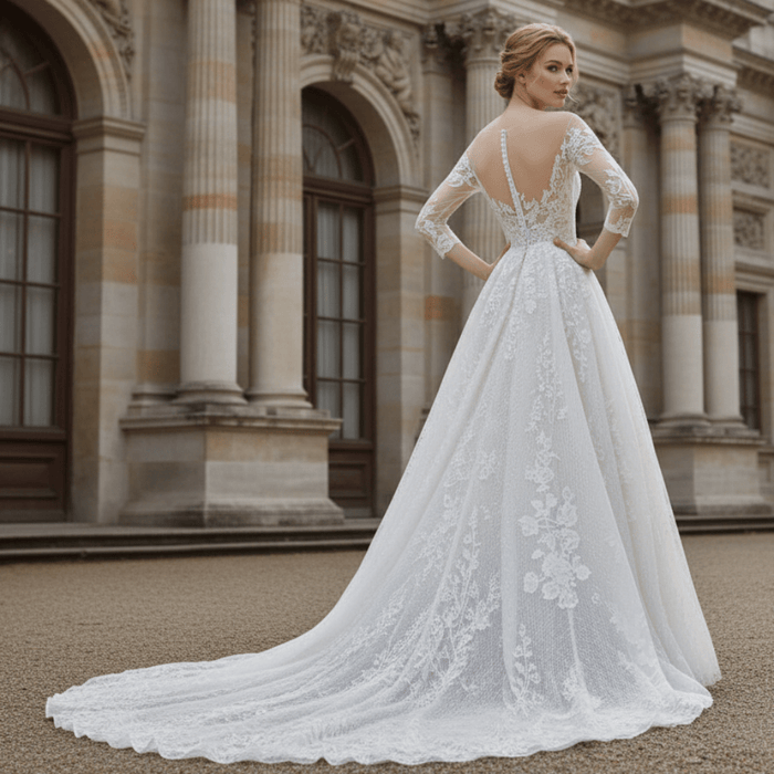 Sheer Neck with Long Sleeve A-line Simple Lace Wedding Dress - Rosymae