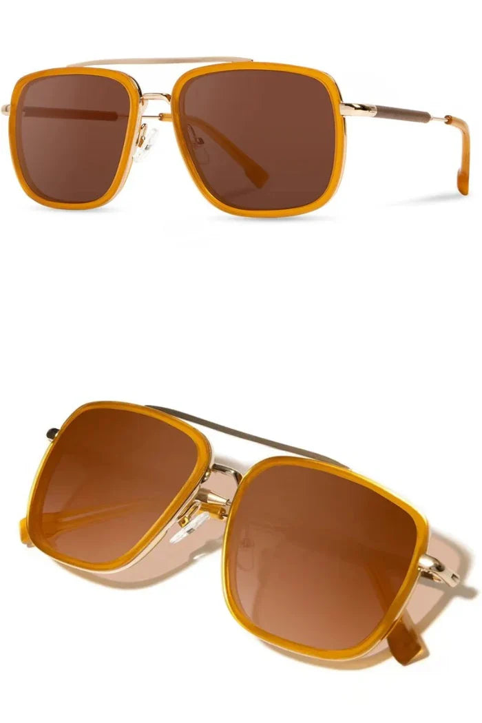 Modern boxy mixed-material unisex sunglasses with a thick frame and contemporary design.