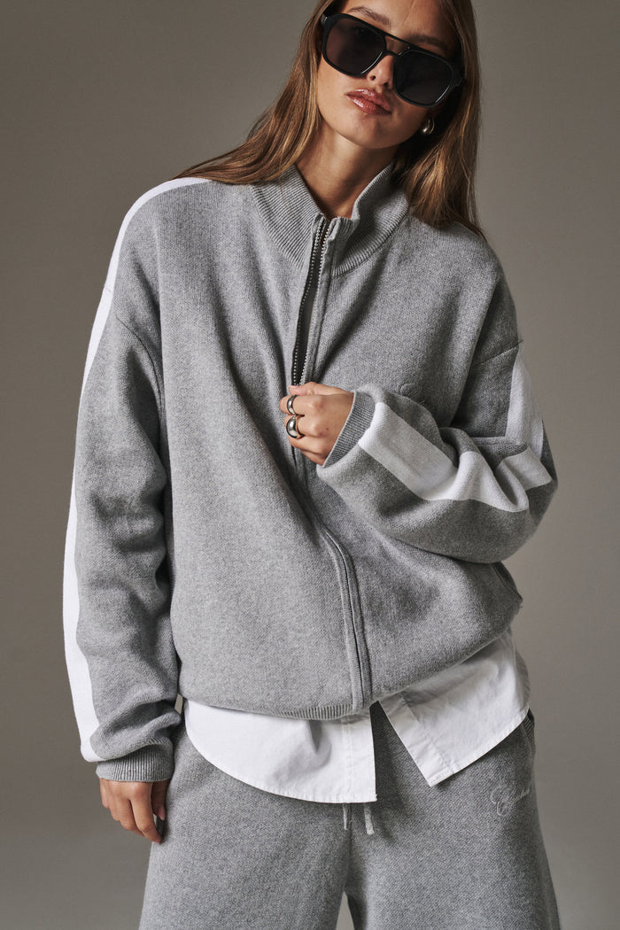 SIDE STRIPE KNITTED TRACK JACKET - GREY MARL