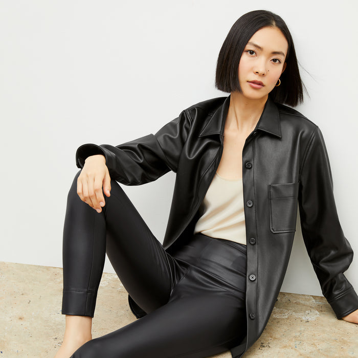 Image of a woman wearing the Sierra Shacket - Vegan Leather in Black
