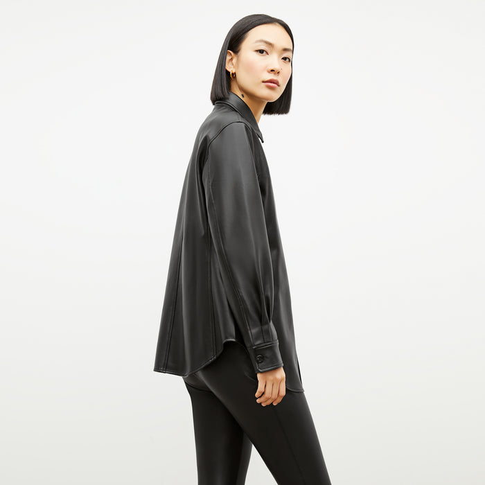 Image of a woman wearing the Sierra Shacket - Vegan Leather in Black