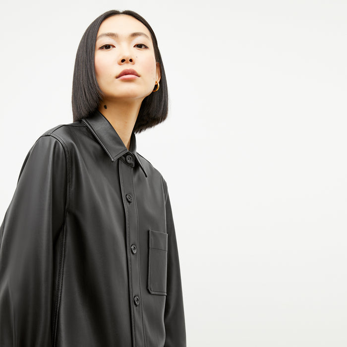 Image of a woman wearing the Sierra Shacket - Vegan Leather in Black
