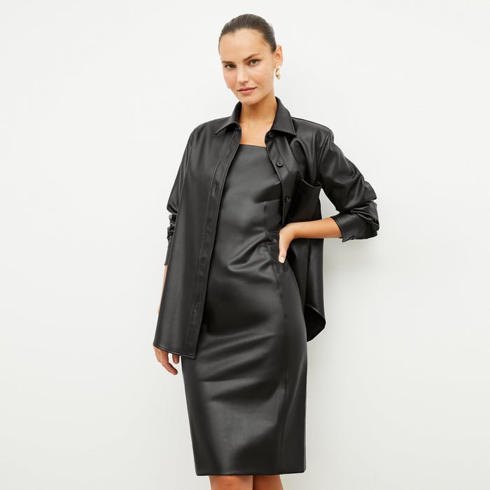 Image of a woman wearing the Sierra Shacket - Vegan Leather in Black
