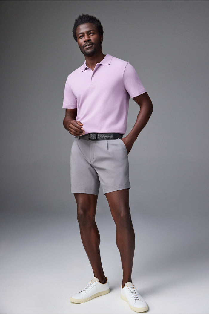 Full front view of a man wearing Silver Pique Polo