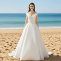 Simple Off the Shoulder V-neck Satin Wedding Dress - Rosymae