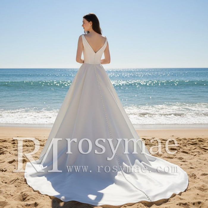 Simple Off the Shoulder V-neck Satin Wedding Dress - Rosymae