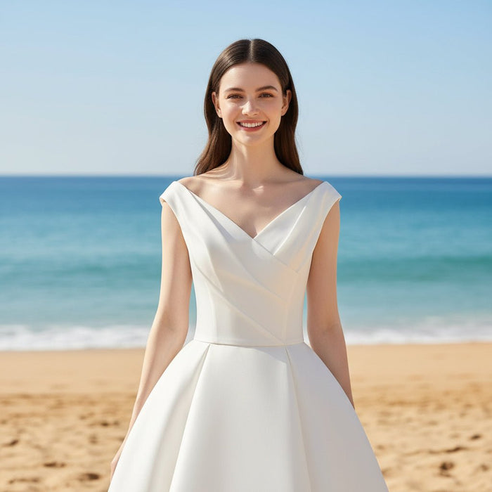 Simple Off the Shoulder V-neck Satin Wedding Dress - Rosymae