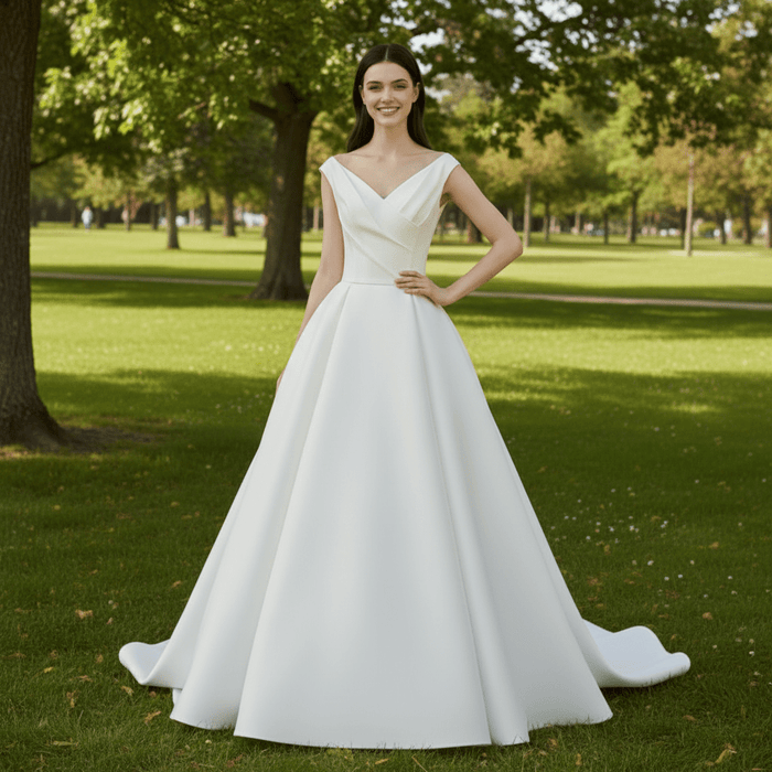 Simple Off the Shoulder V-neck Satin Wedding Dress - Rosymae