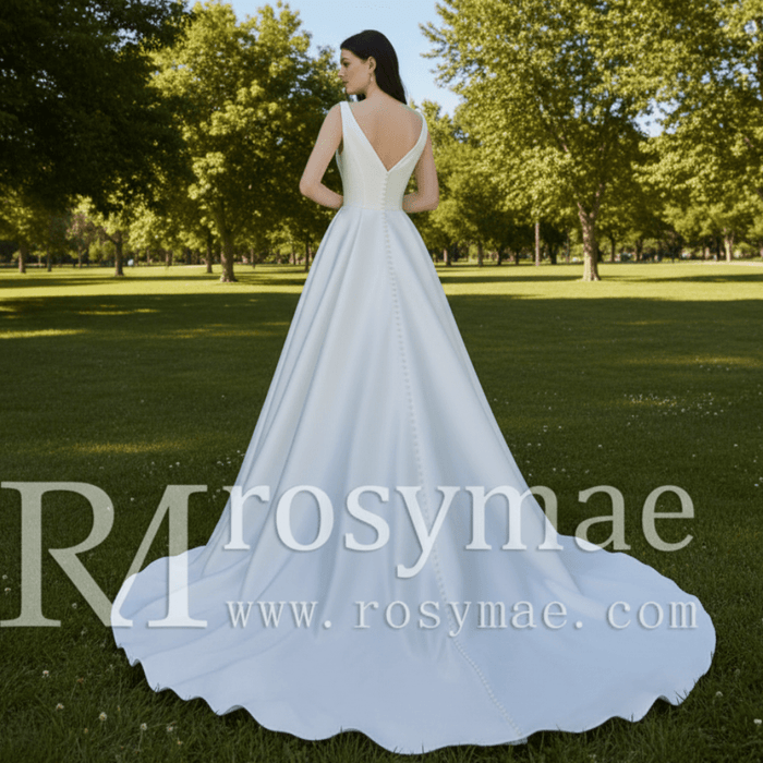 Simple Off the Shoulder V-neck Satin Wedding Dress - Rosymae