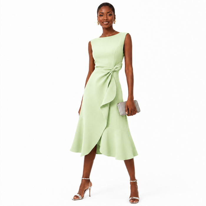 Sleeveless bow-knot midi dress in light green with sculpted waist detail, flared hem and full-length model on a white background.