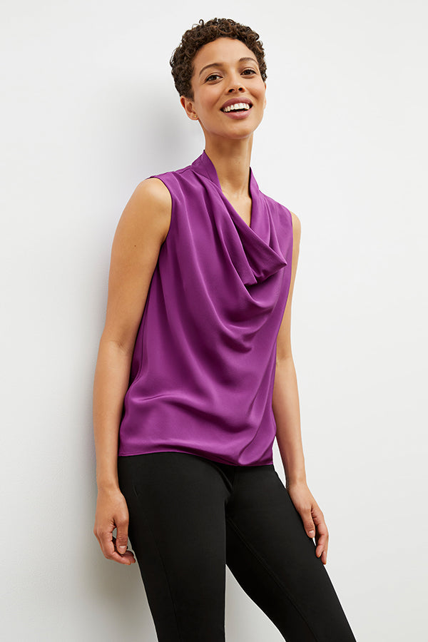 Front image of a woman wearing the Sloane top in purple jasper | Exclude | Grid