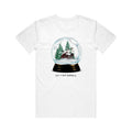 White Gildan Hammer t-shirt from The Front Bottoms featuring a snow globe illustration with pine trees and a cabin; "The Front Bottoms" is printed below the design, making it a standout printed tee.
