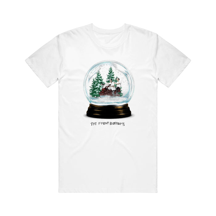 White Gildan Hammer t-shirt from The Front Bottoms featuring a snow globe illustration with pine trees and a cabin; "The Front Bottoms" is printed below the design, making it a standout printed tee.
