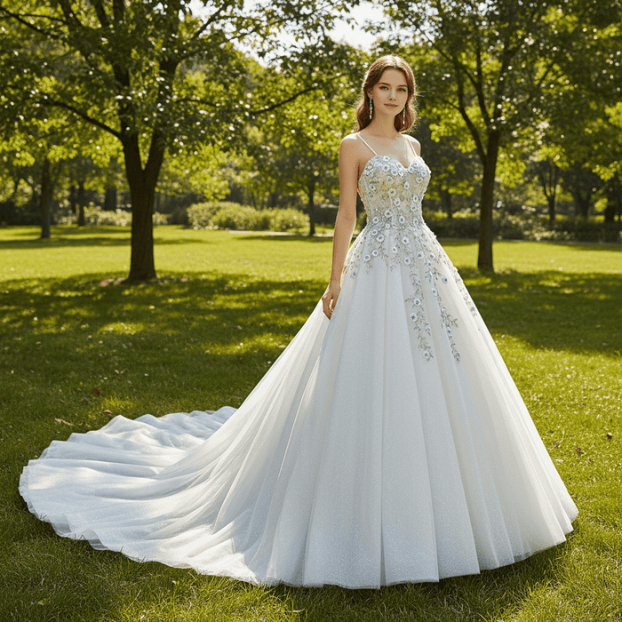 Spaghetti Strap Lace Tulle Ball Gown Wedding Dress Bridal Gown - Rosymae