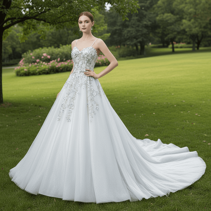 Spaghetti Strap Lace Tulle Ball Gown Wedding Dress Bridal Gown - Rosymae