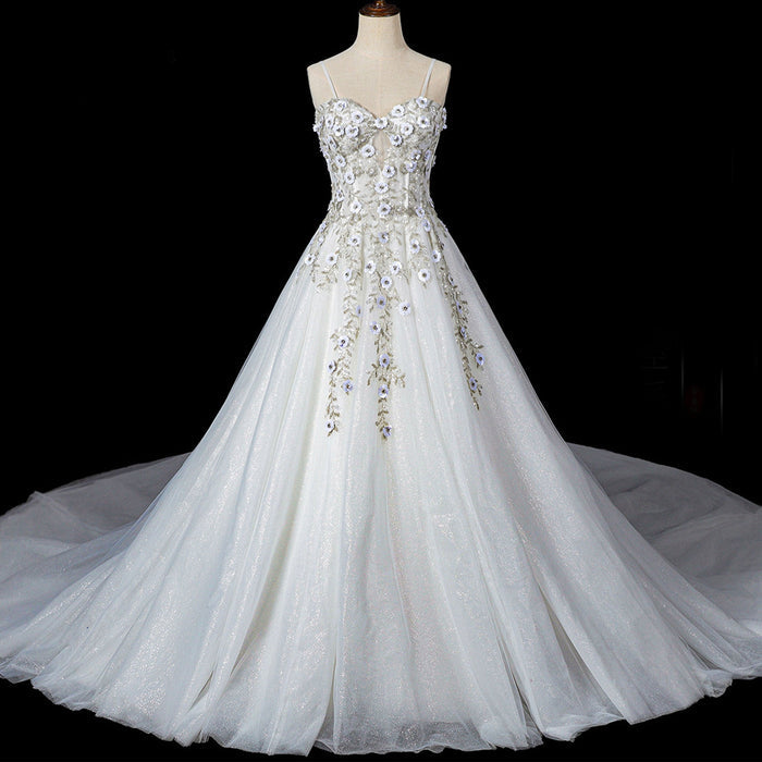 Spaghetti Strap Lace Tulle Ball Gown Wedding Dress Bridal Gown - Rosymae