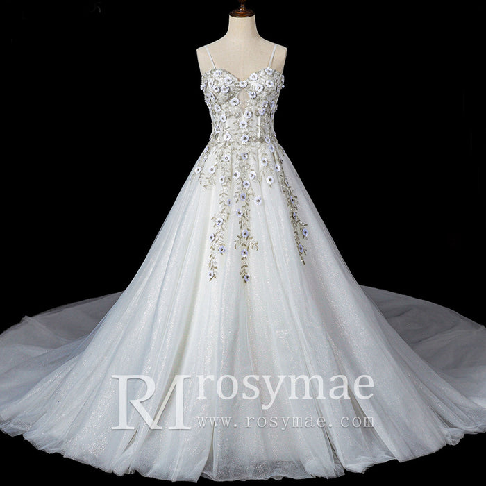 Spaghetti Strap Lace Tulle Ball Gown Wedding Dress Bridal Gown - Rosymae