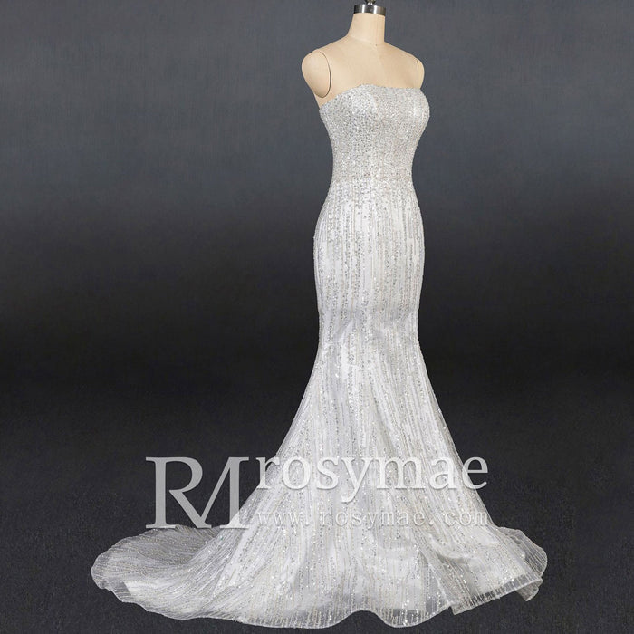 Sparkly crystals Mermaid Strapless Sequins Wedding Dress - Rosymae
