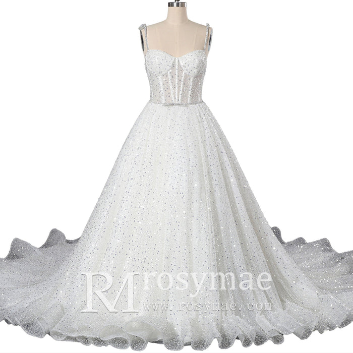 Sparkly Luxury Spaghetti Straps Ball Gowns Wedding Dresses - Rosymae
