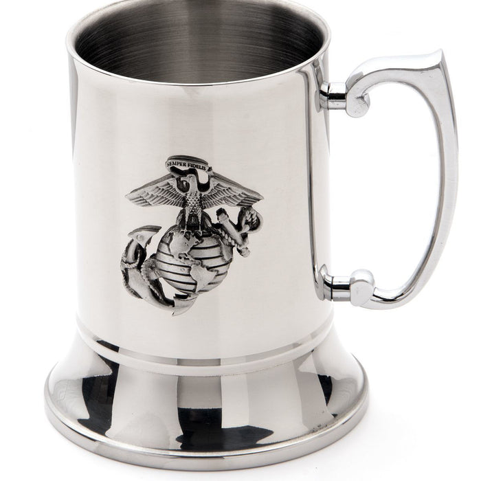 Stainless Steel Marine Corps Mug has Marine Corps emblem prominently and proudly attached on the side, large handle and base