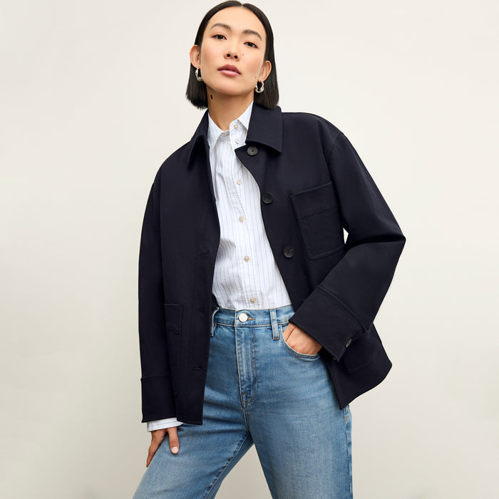 Front image of a woman wearing the steffi jacket in ink | Lead