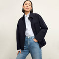 Front image of a woman wearing the steffi jacket in ink | Lead