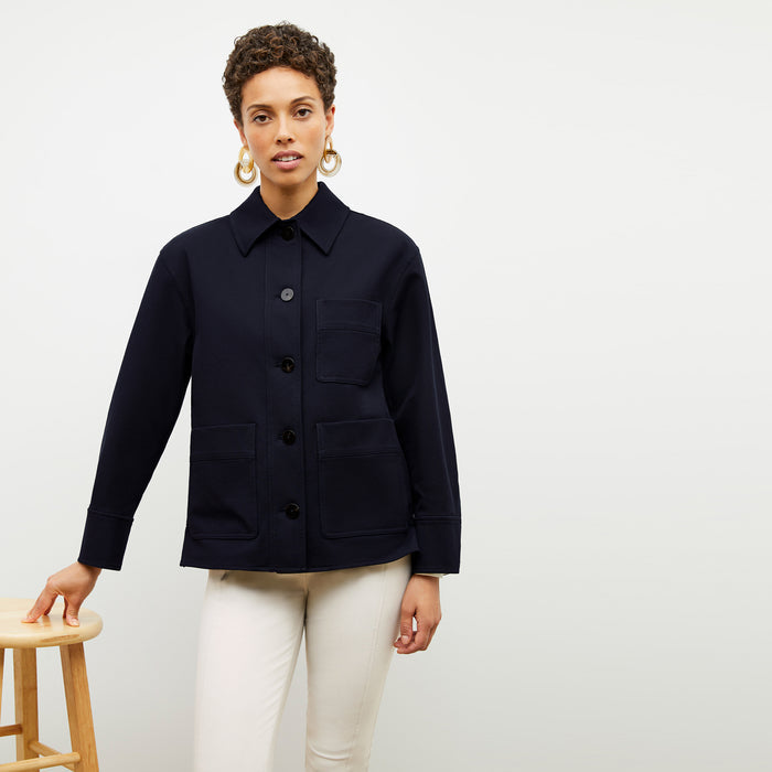 Front image of a woman wearing the steffi jacket in ink