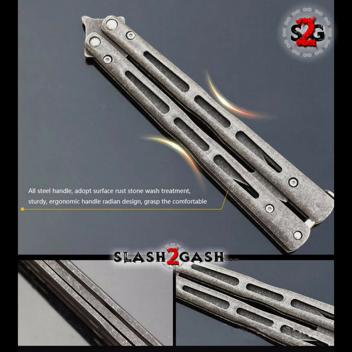 Stonewash Butterfly Knife TRAINER Balisong w/sheath Dull Spring Latch