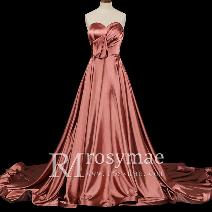 Strapless Dusty Rose Sweetheart A Line Wedding Dress - Rosymae