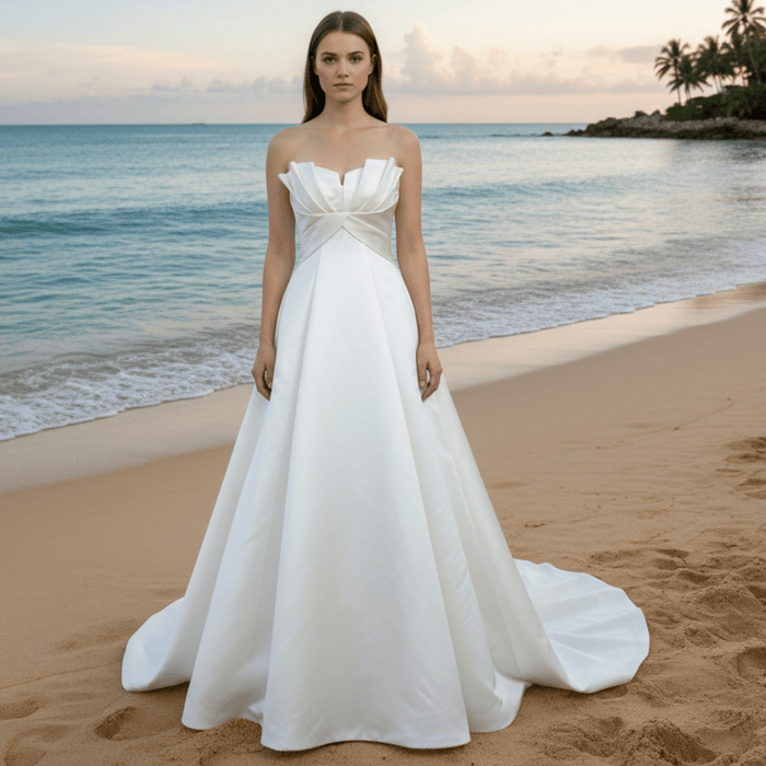 Strapless Unique A Line Asymmetrical Neckline Satin Wedding Dress - Rosymae