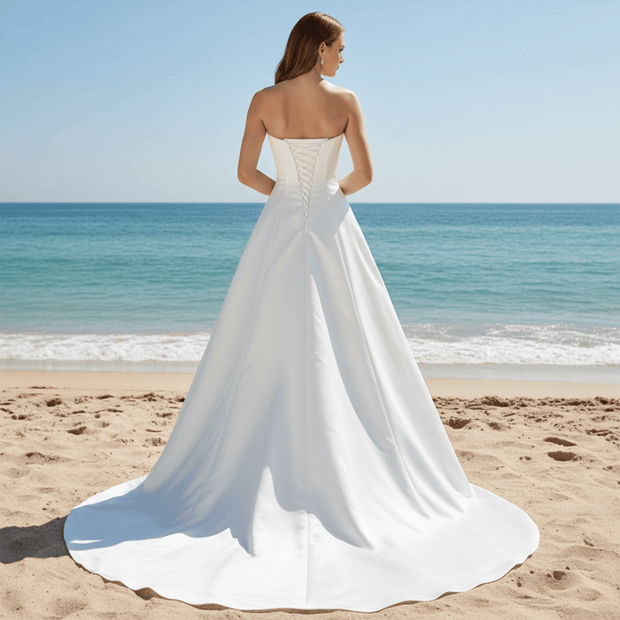Strapless Unique A Line Asymmetrical Neckline Satin Wedding Dress - Rosymae